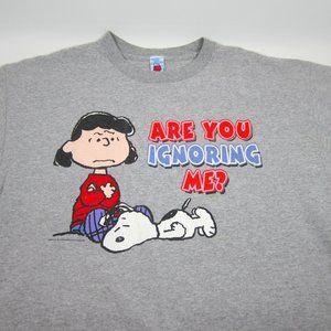 Peanuts Lucy & Snoopy T Shirt 90s Vintage Gray XL "Are You Ignoring Me?" Glitter